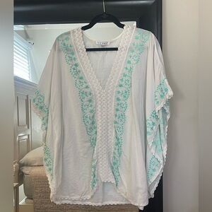 blue island White Swim Coverup with Mint Embroidery